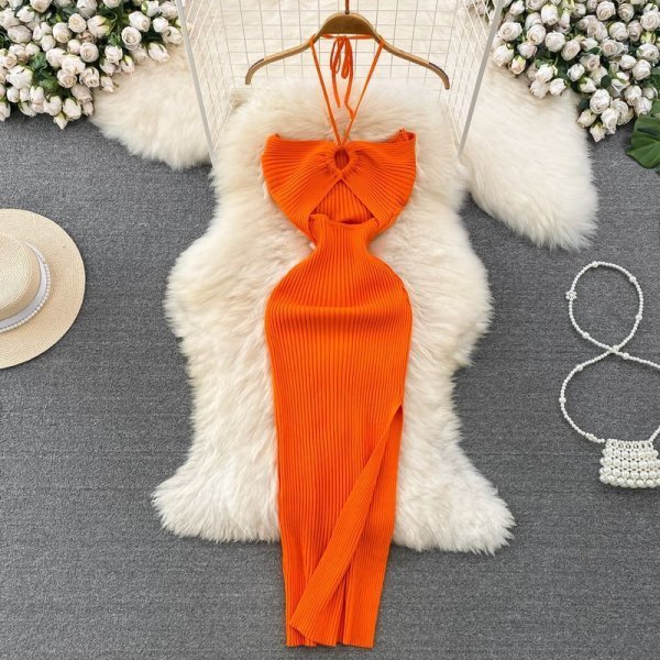 hanging neck strapless slit long skirt