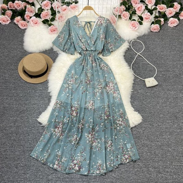 Floral V-Neck Dress Beach Vacation Style Chiffon A-Line Long Dresses