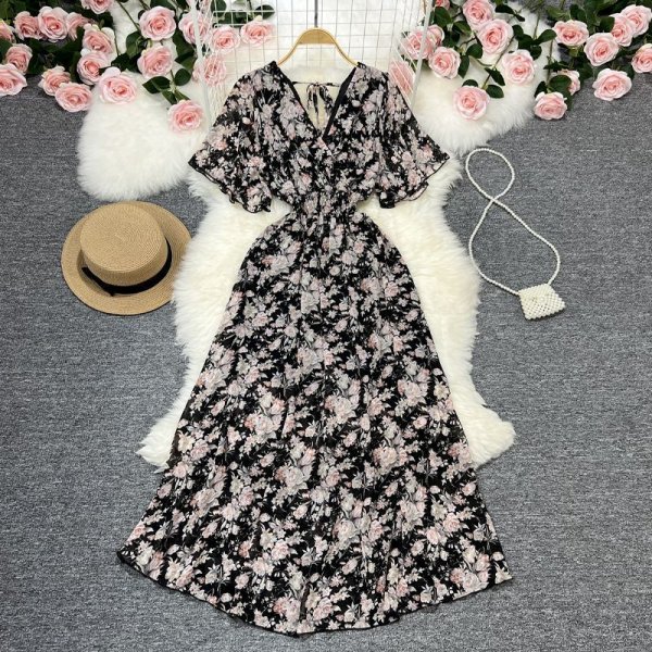 Floral V-Neck Dress Beach Vacation Style Chiffon A-Line Long Dresses