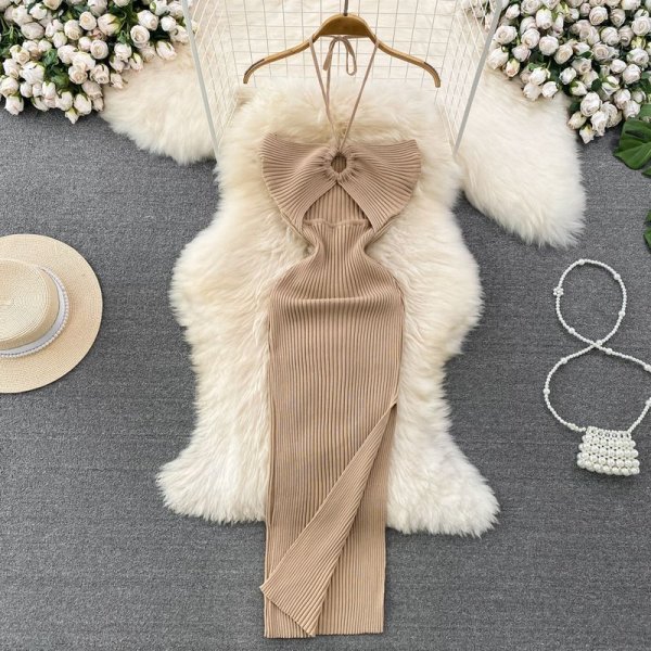 hanging neck strapless slit long skirt