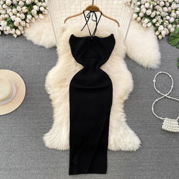 hanging neck strapless slit long skirt